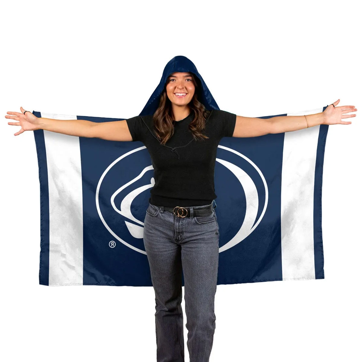 model wearing flag hoodie Penn State Athletic Logo